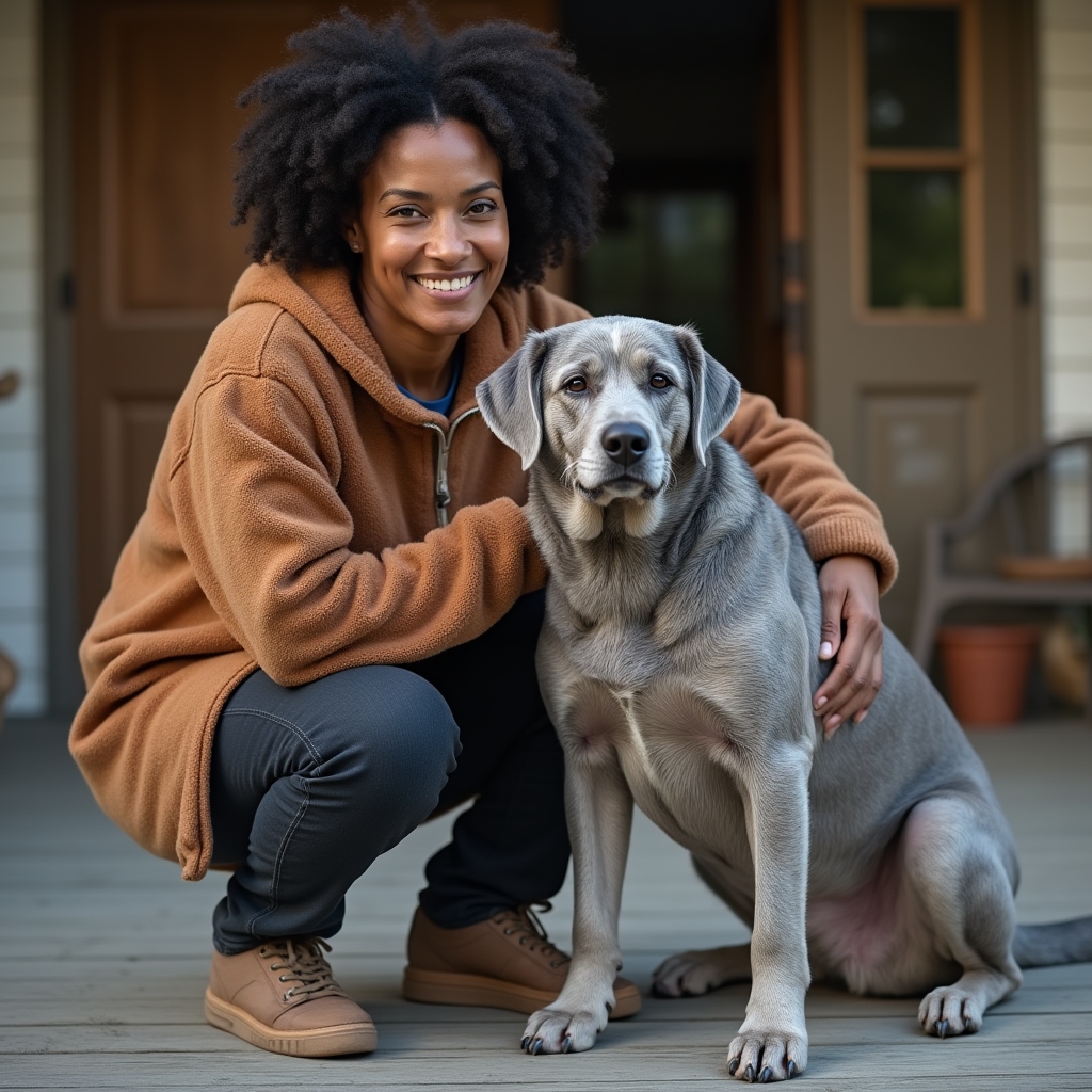 A caregiver crouching to gently check on a graying senior dog resting on a porch during a home visit