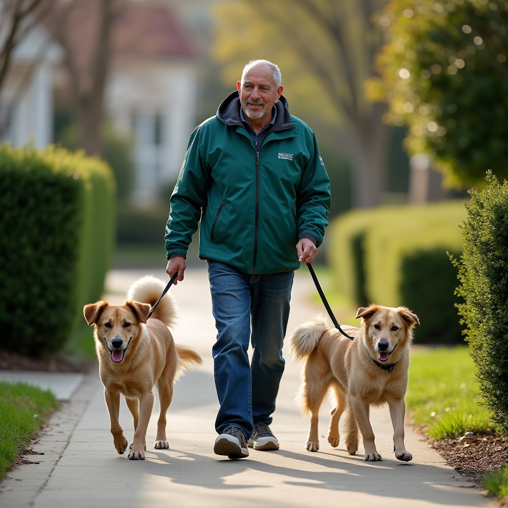 A caregiver walking a small group of dogs together along a quiet residential street